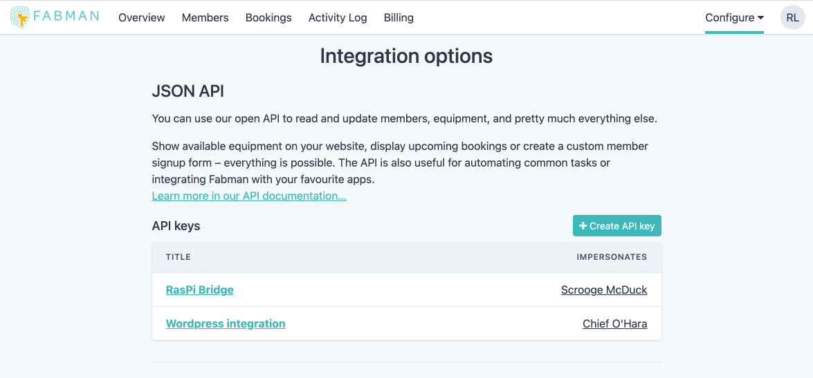 Manage your API keys from the integrations page.