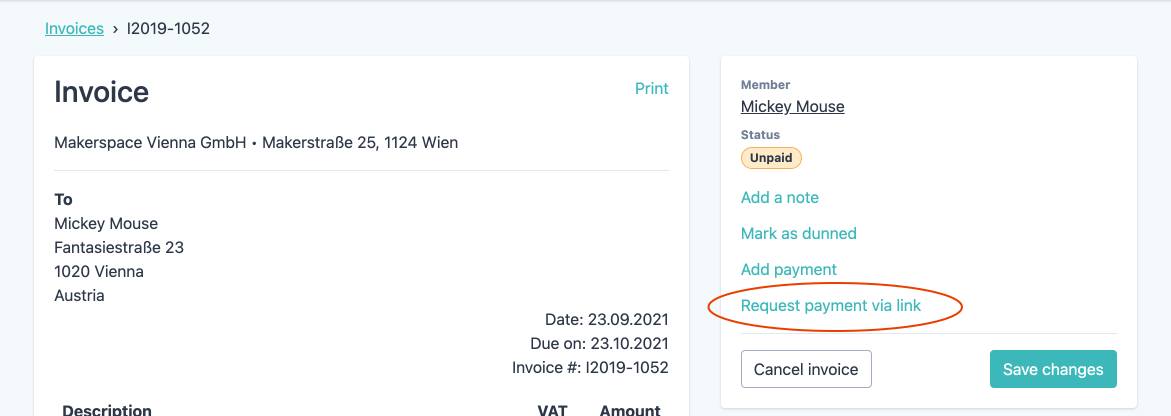 Request payment for an invoice by sending members a link.