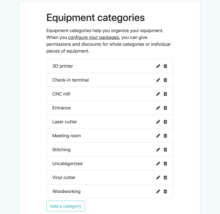 Create your own categories to organize your equipment