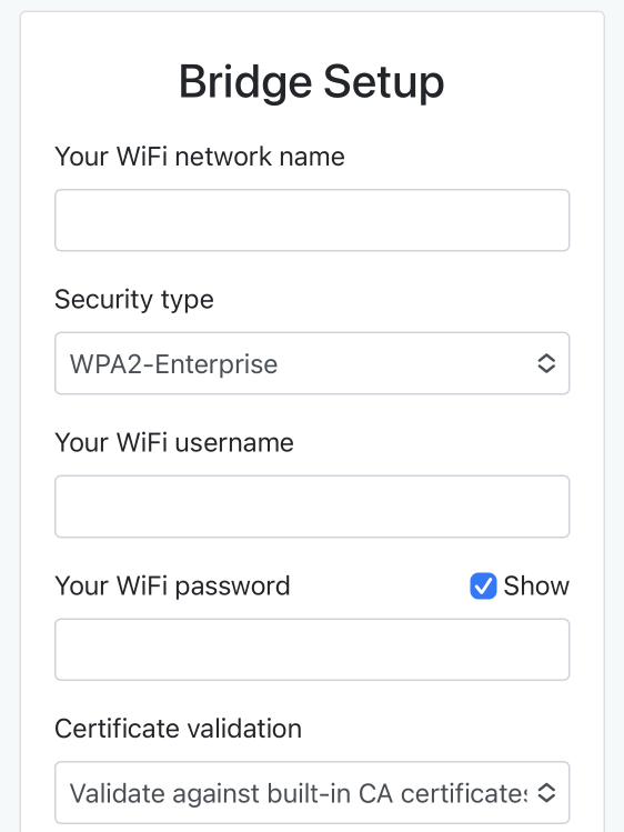 The updated setup form with WPA 2 Enterprise options.