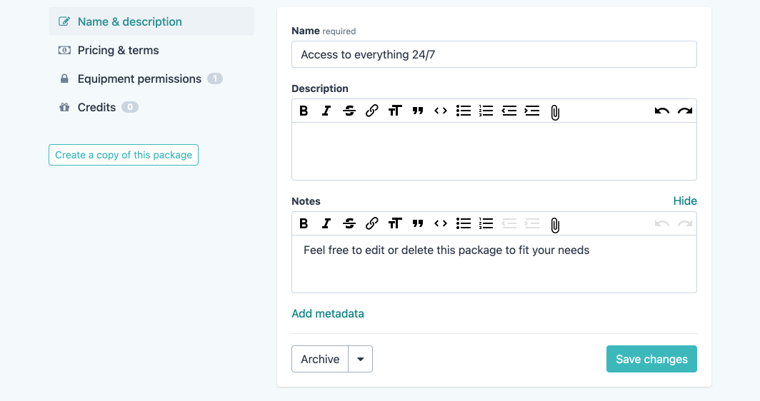 The ‘Create a copy’ button on the package detail page.