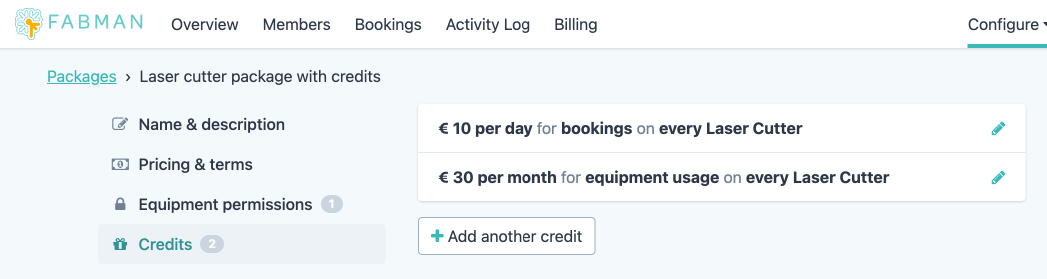 Recurring and one-time credits on a package