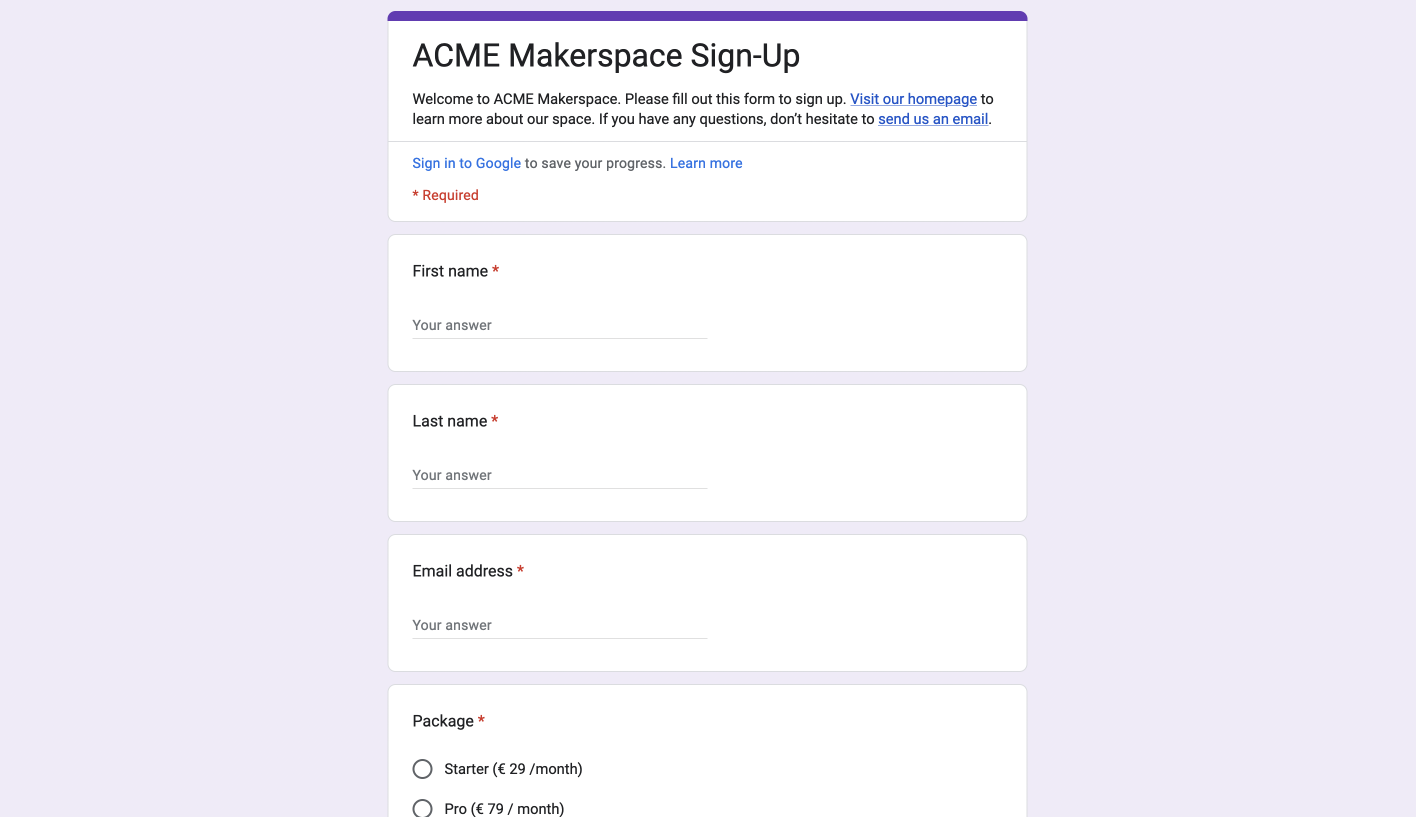 A simple sign-up form for ACME makerspace.